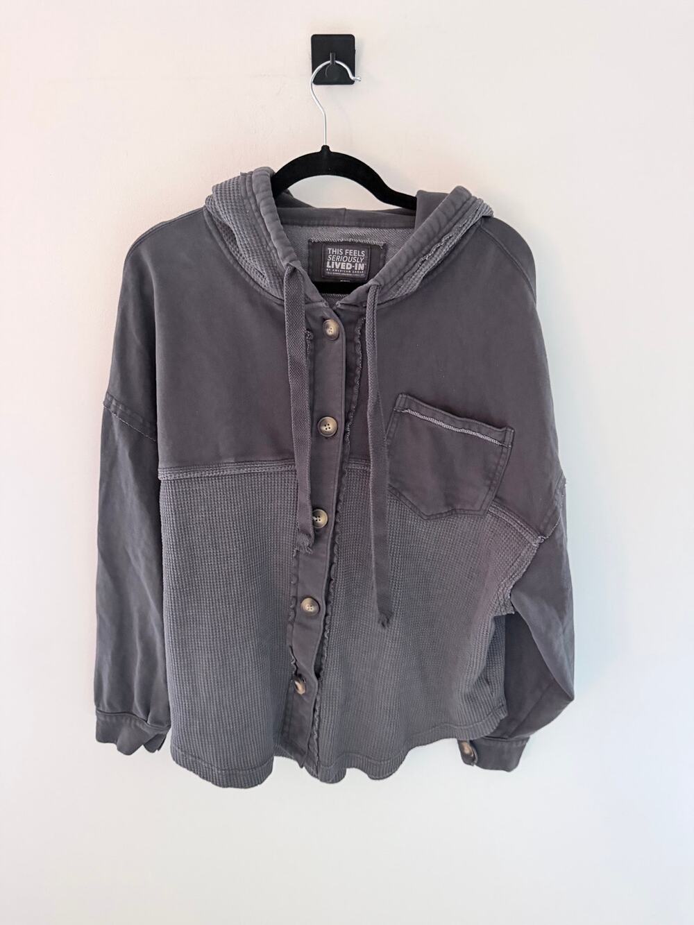American Eagle Seriously Lived-In Waffle Knit Charcoal Gray Hood Shacket-Size M
